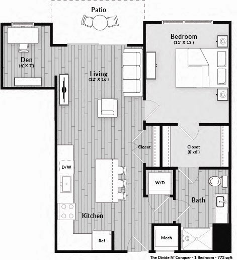 Floor plan for 1 bed, 1 bath, 772 sqft